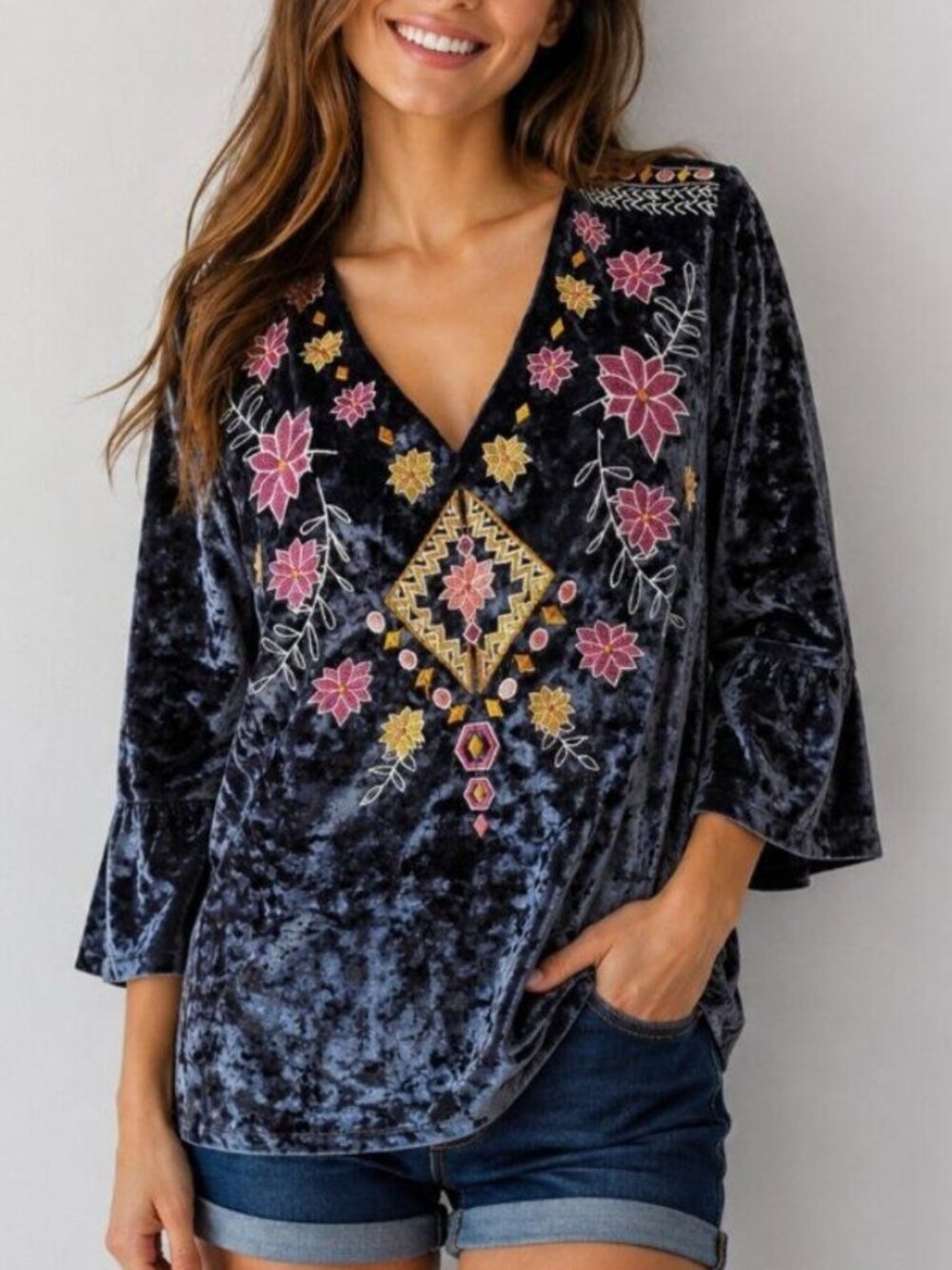 ODDY Boho Crushed Velvet Embroidered Top Long Bell Sleeve Womens Size Small